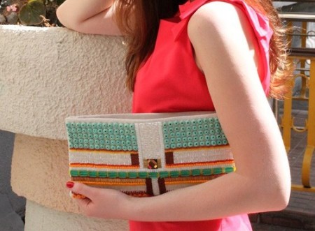 Embroidered beaded clutch bag